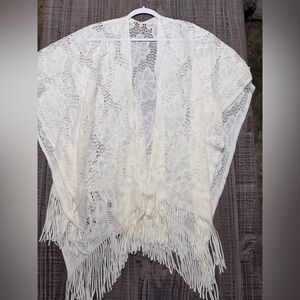 Vintage Cream Open-Knit Fringe Cardigan Cape